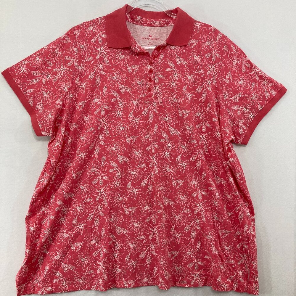Woman Within Top size 26/28 Red Floral Short Sleeve Stretch Cotton Tee Casual